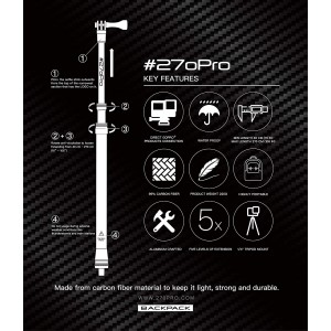 270Pro Backpack Black for GoPro / Insta360 / DJI / Any Action Camera - Long Carbon Fiber Light Weight Selfie Stick 106" #270Pro